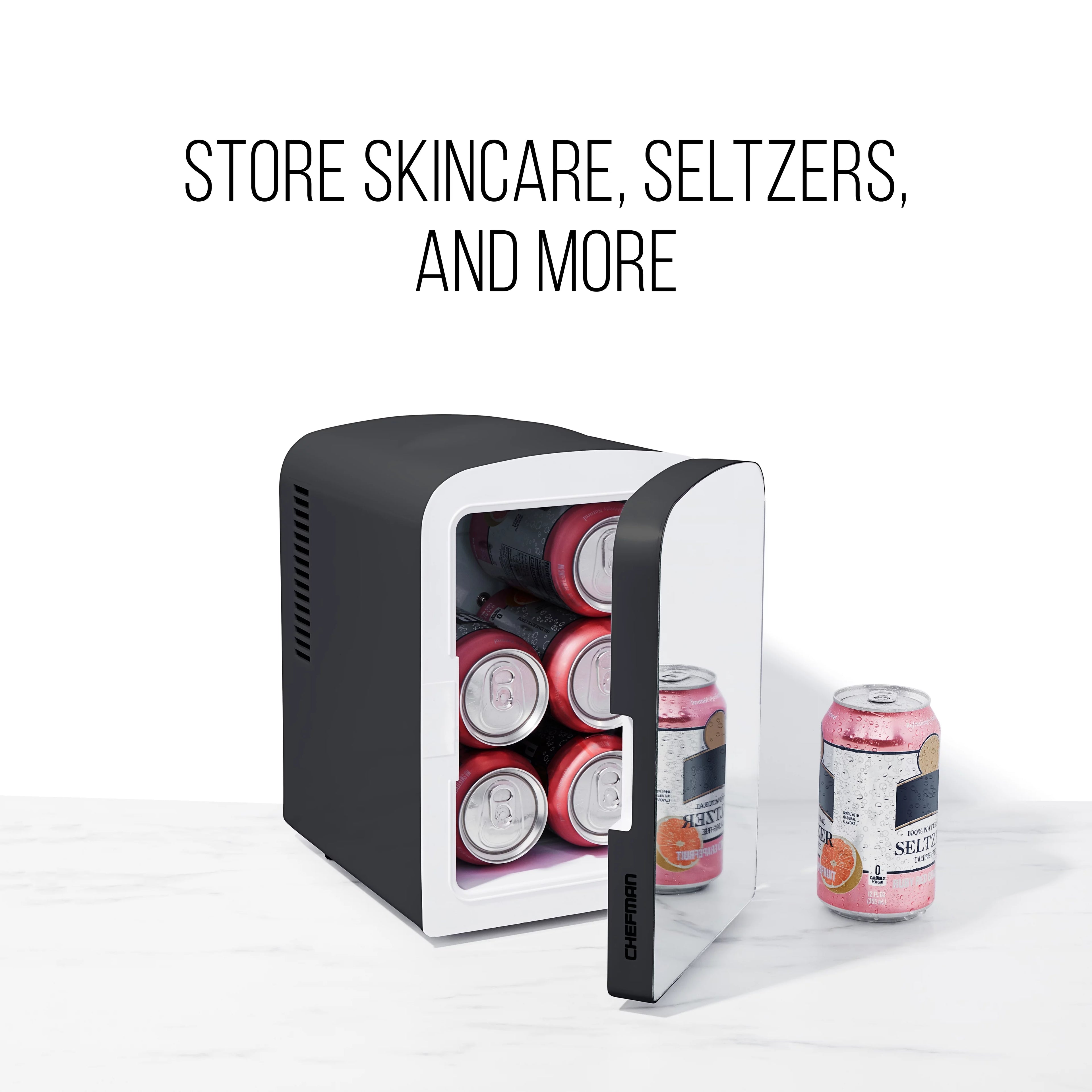 Chefman Portable Mirrored 4L Mini Fridge with Heating and Cooling, Pink R63610