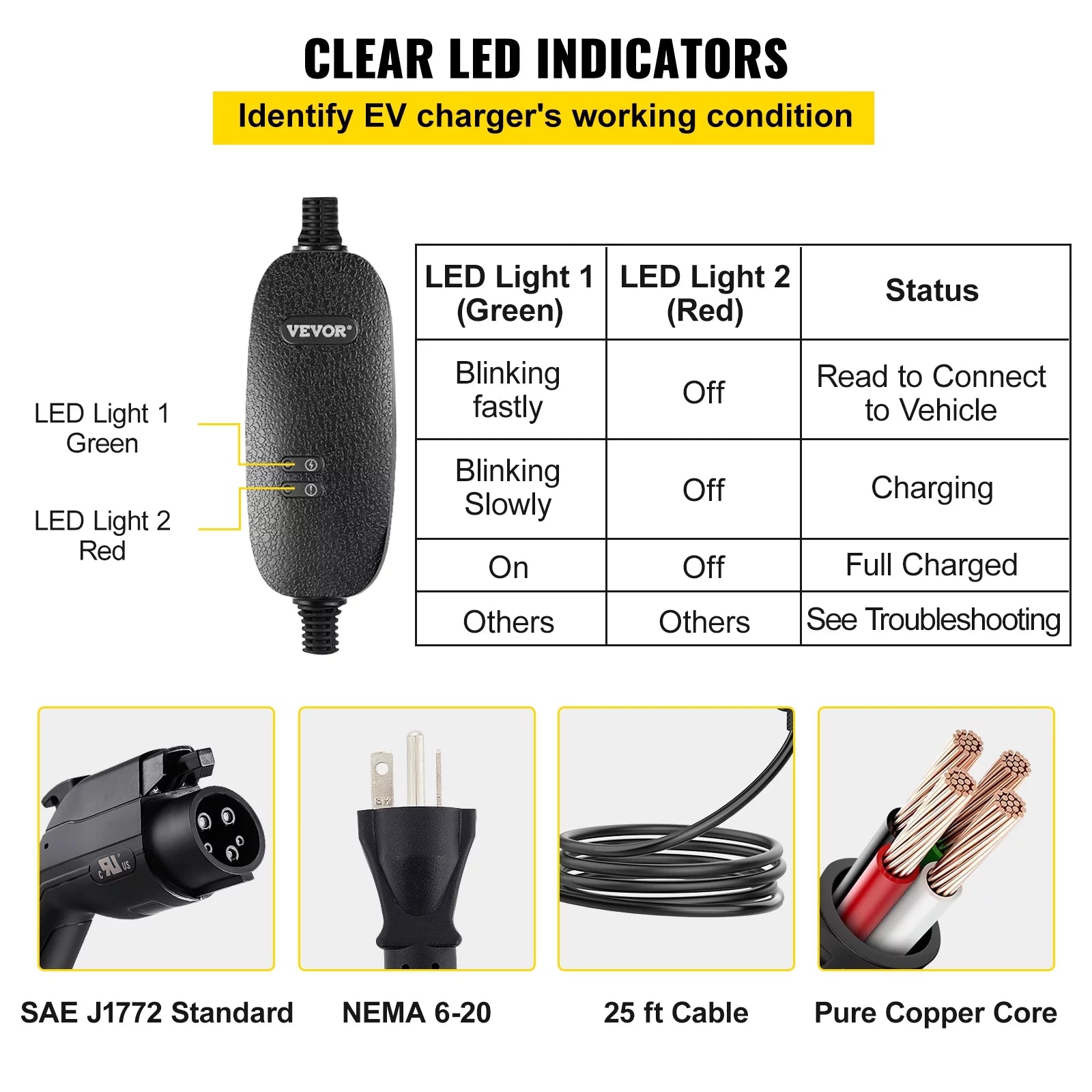 VEVOR Level 2 EV Charger, 16 Amp Portable with 25 ft Cable, J1772 Plug L434477