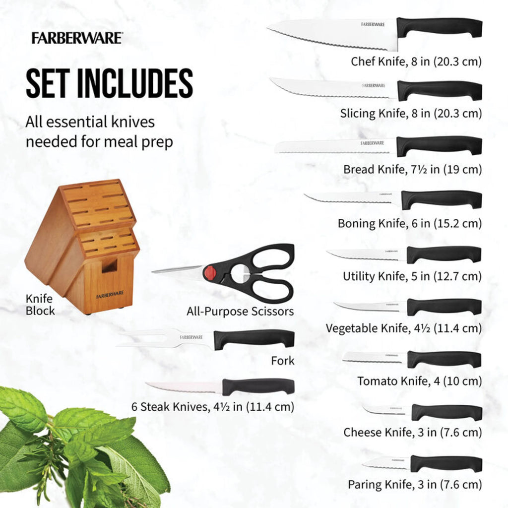 Farberware 18 Piece Stainless Steel Knife Set with Wood Block U718