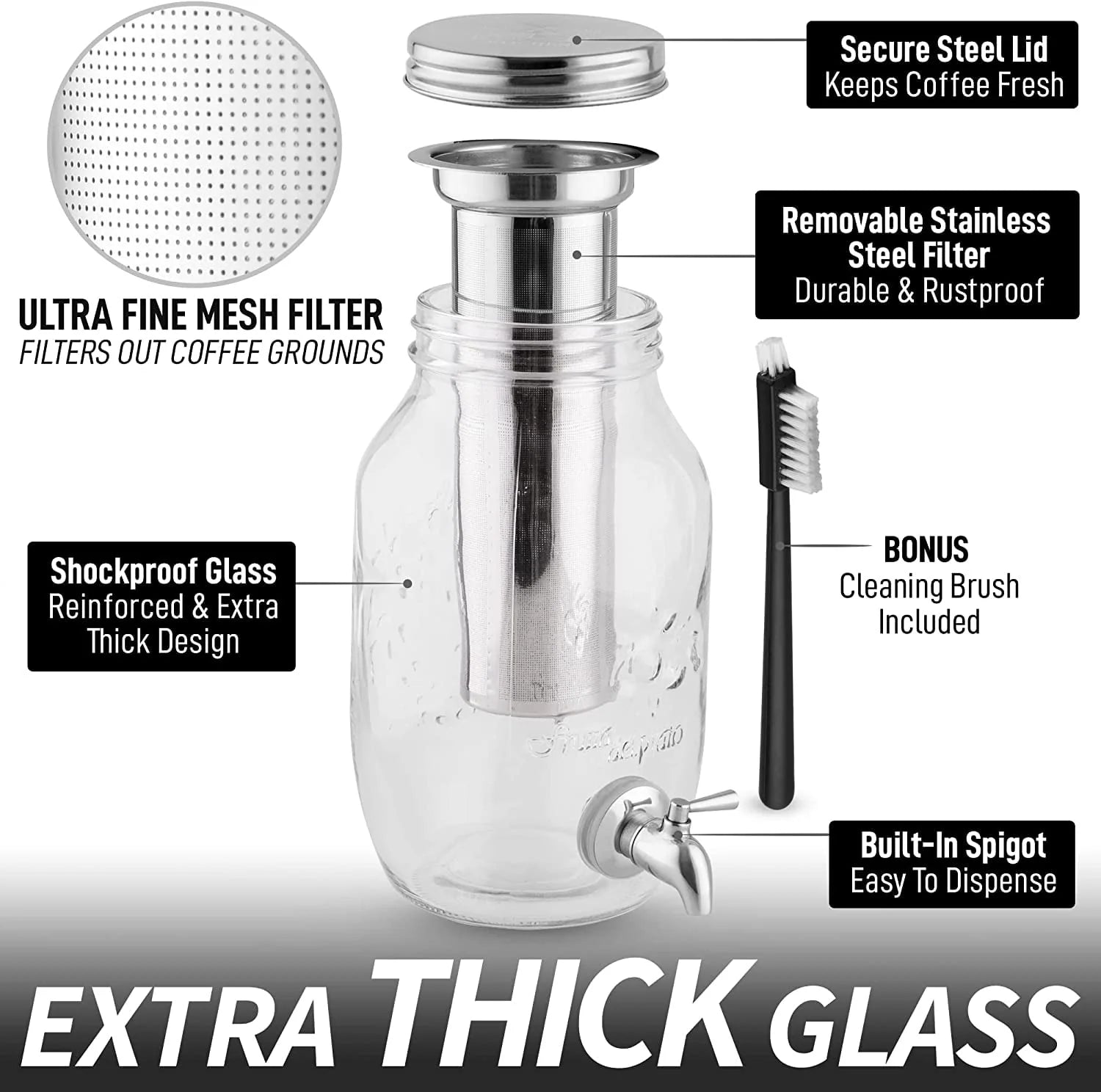 Zulay Kitchen 1 Gallon Cold Brew Coffee Maker with Glass Pitcher and Steel Filter S311521