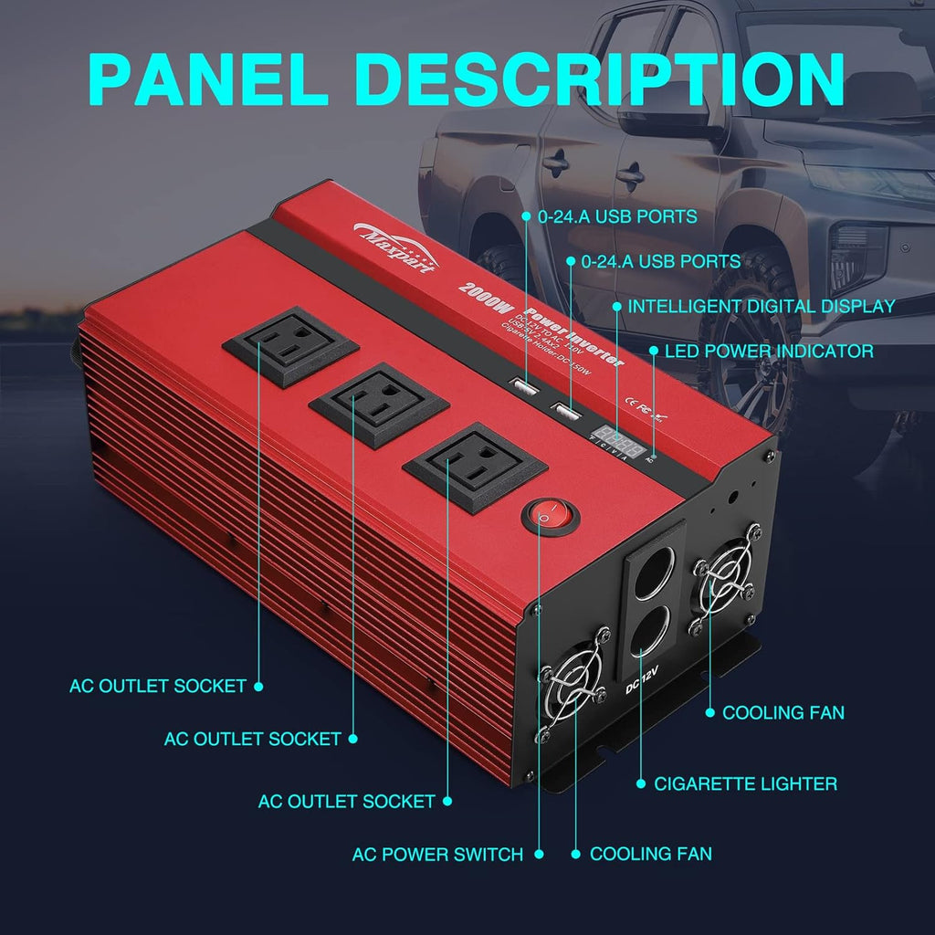 Maxpart 2000W Power Inverter 12V DC to 110V AC with 3 AC Outlets and USB Port D564
