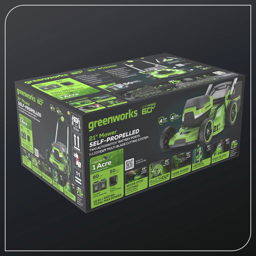 Greenworks 60V 21" Self Propelled Lawn Mower with 8.0 Ah Battery & Charger Q225175