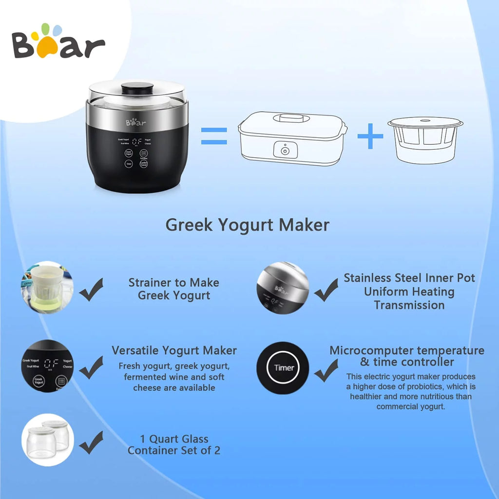 Bear Digital Greek Yogurt Maker with 2 Glass Jars V575920