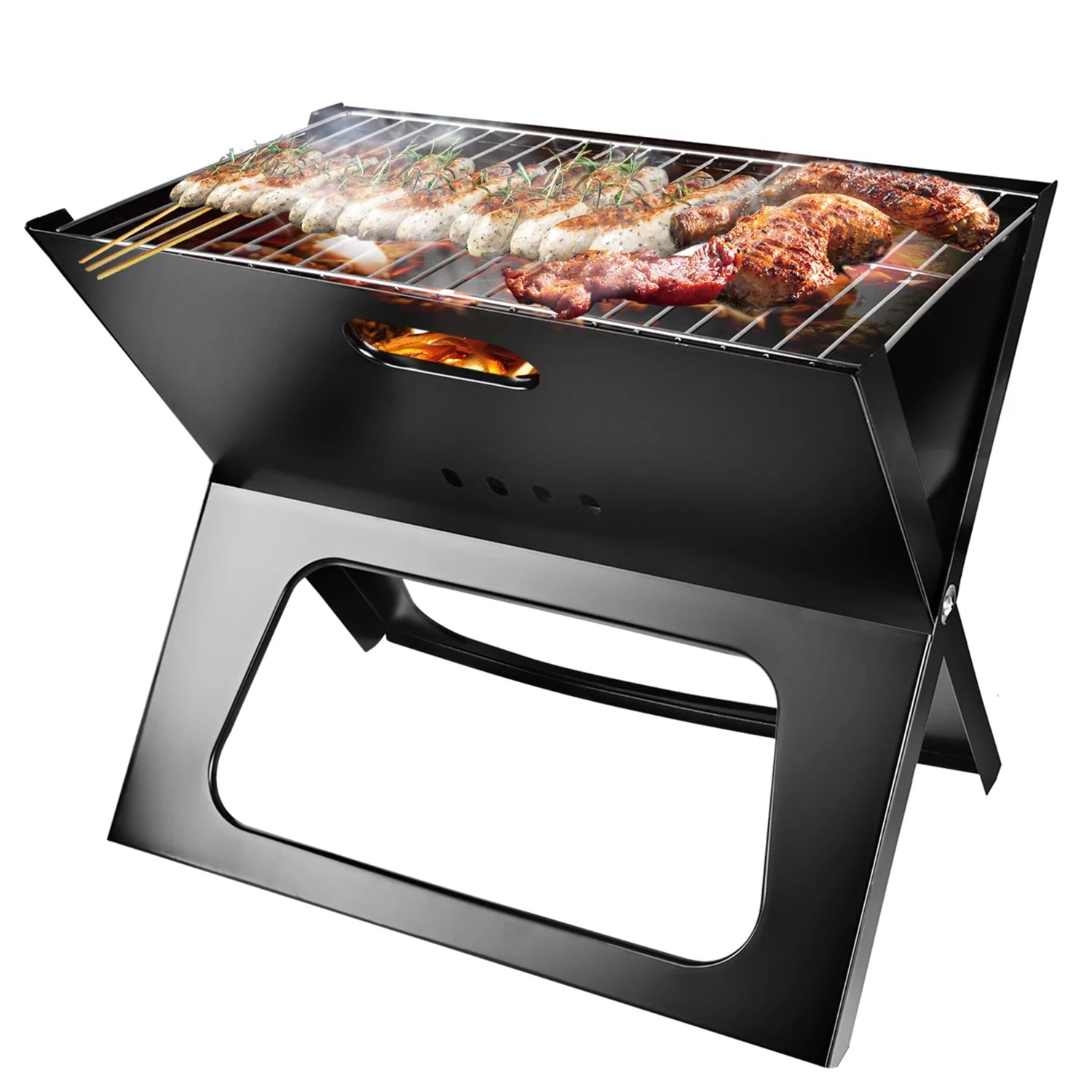 iMounTEK Portable BBQ Grill Foldable Charcoal Grill 17.1×11×14.8in Metal Iron Barbecue Grill for Camping Garden Outdoor Travel, Black