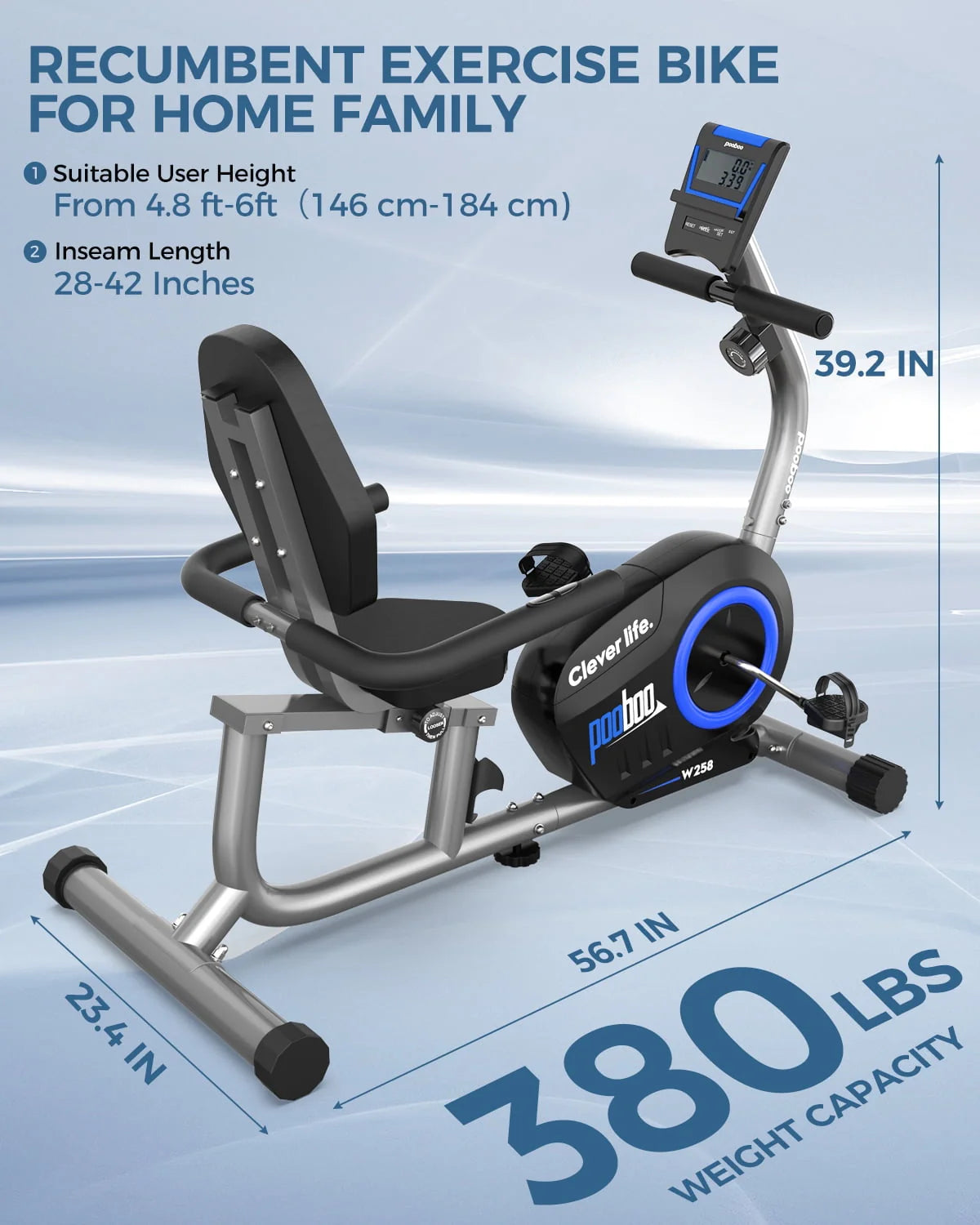 Pooboo Recumbent Exercise Bike Magnetic Resistance Indoor Cycling 380lb K92635