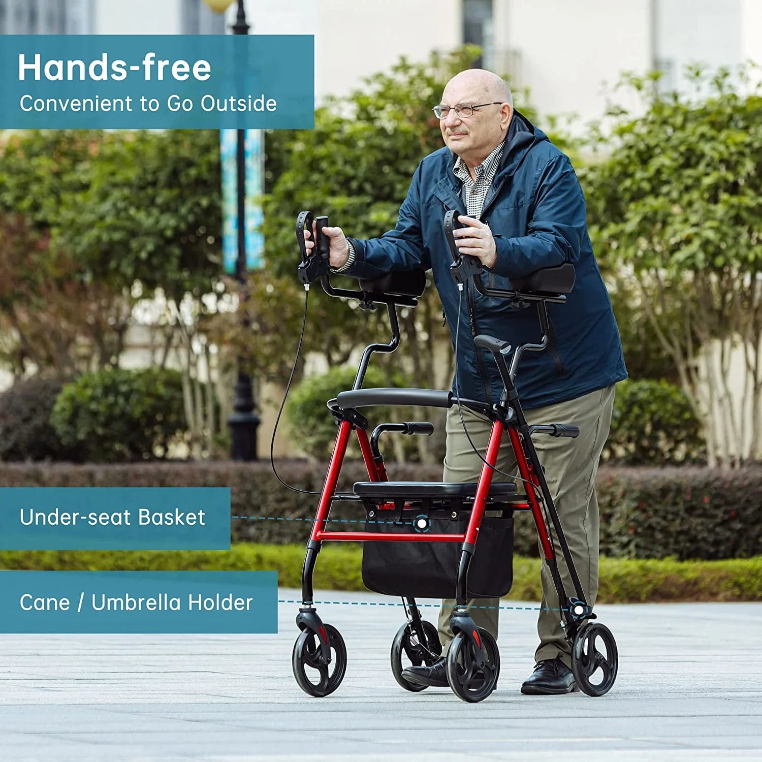 ELENKER Stand Up Folding Rollator Walker with Seat, Red F918
