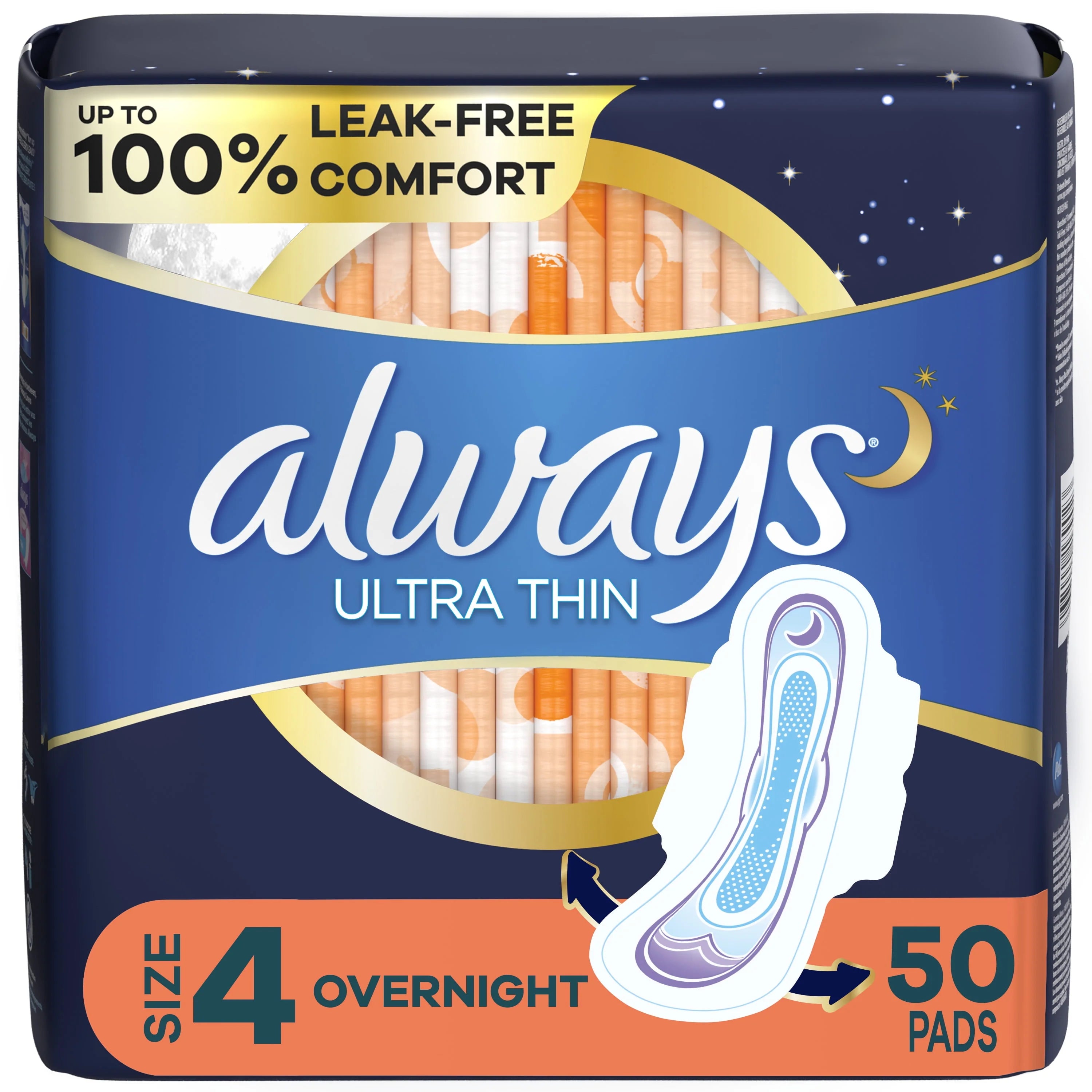 Always Ultra Thin Overnight Pads with Wings, Size 4, Overnight Absorbency, 36 Count