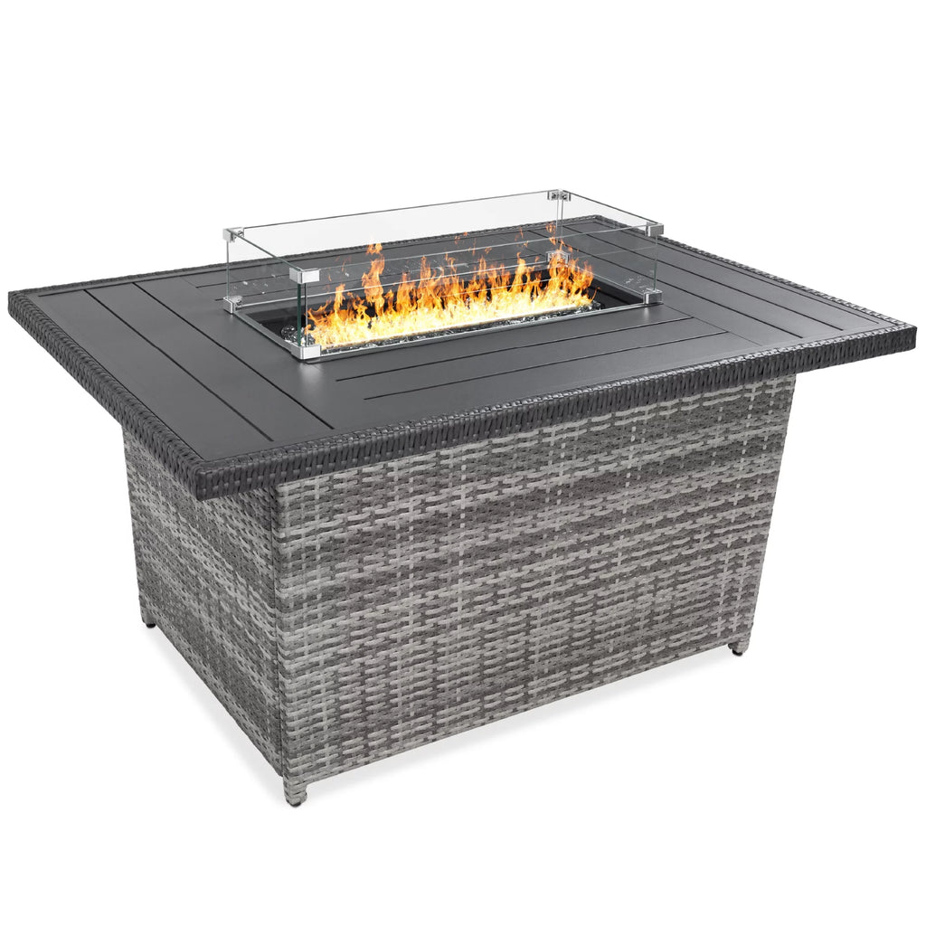 Best Choice Products 52in Wicker Propane Gas Fire Pit Table 50,000 BTU w/ Glass Wind Guard, Tank Holder, Cover - Gray