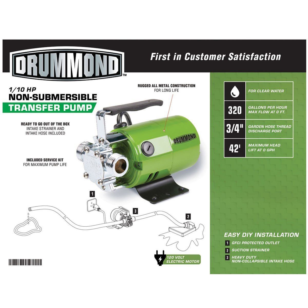 DRUMMOND 1/10 HP Transfer Pump 320 GPH Q8680