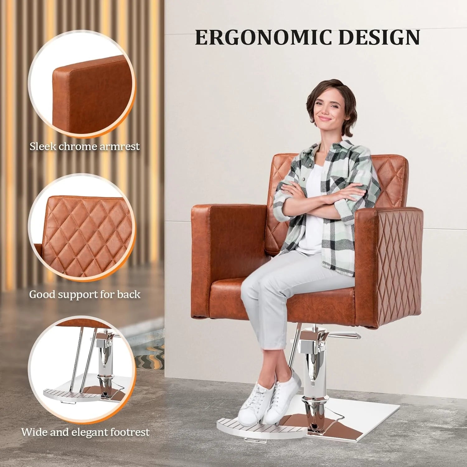 Salon Chair for Hair Stylist, Hydraulic Barber Chair with Aluminium Footrest, Brown M2726