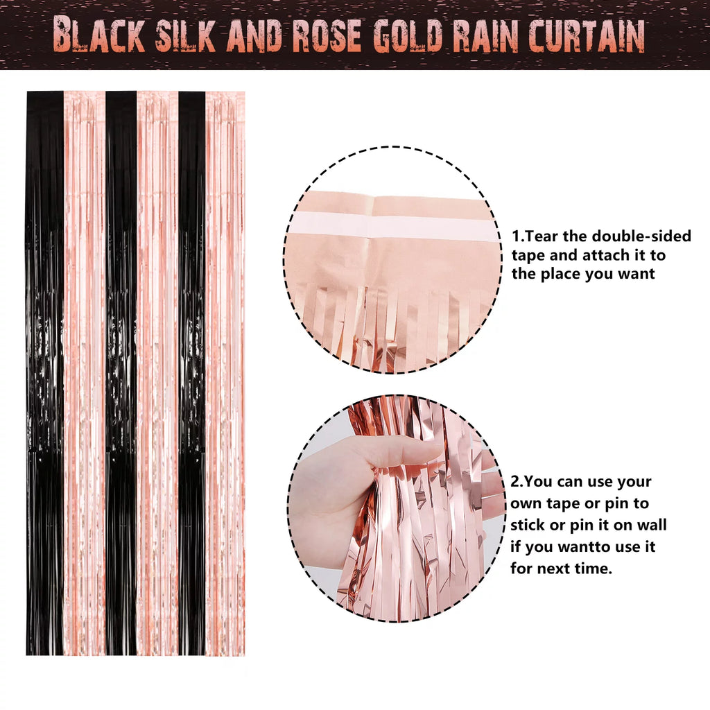 Rose Gold and Black Birthday Party Decorations with Banner, Balloons, Tablecloth and Cake Topper N340932