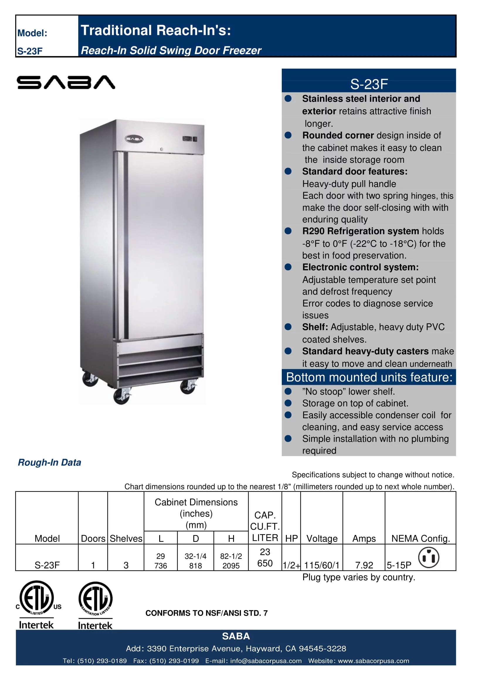 Commercial 23 cu ft Solid Door Stainless Steel Upright Reach-in Freezer A858