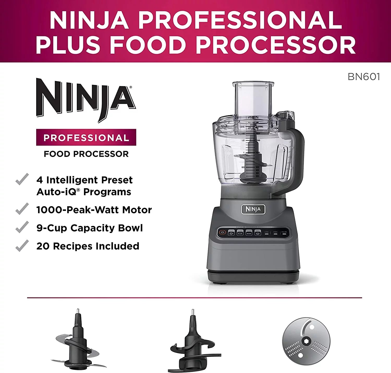 Ninja BN601 Plus Food Processor 1000W 9-Cup Silver Stainless V89197