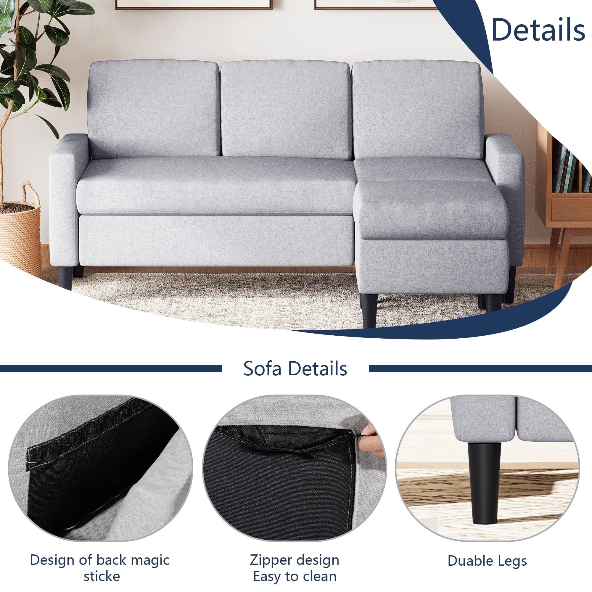 Walsunny Convertible Sectional Sofa Couch, L-Shaped with Reversible Chaise, Grayish Black A704