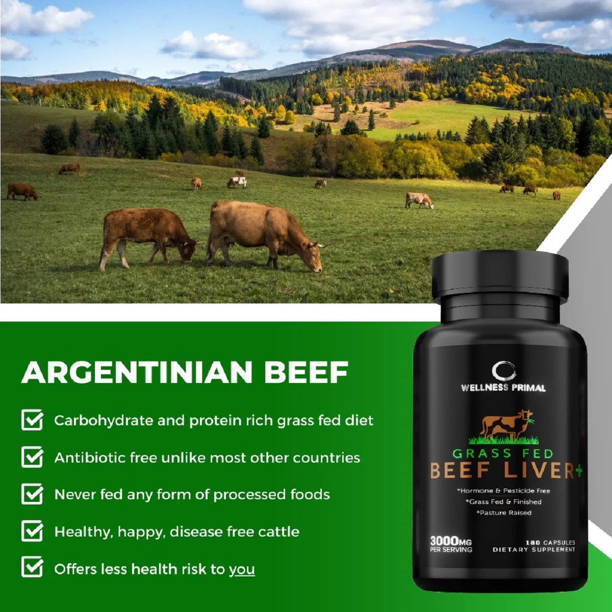 Wellness Primal Beef Liver Supplement Desiccated Grass Fed, 180 Capsules (3 Bottle) J4604