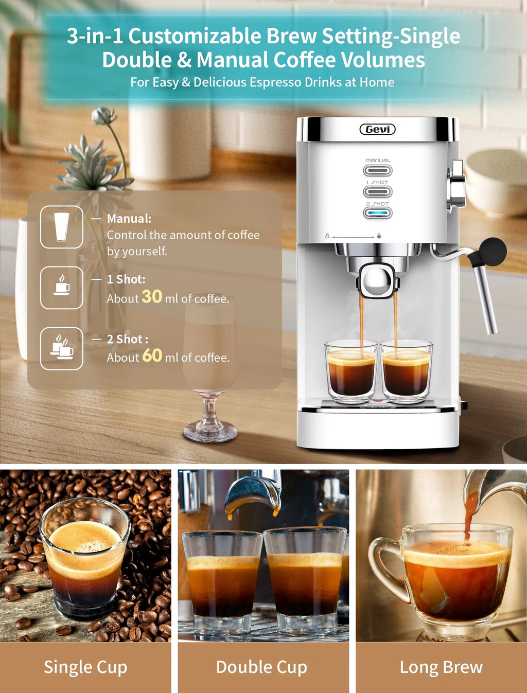 Gevi Espresso Machine 20 Bar Automatic Coffee Maker with Milk Frother Wand, White A499223