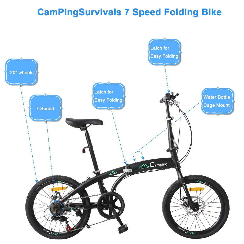 Zimtown 20" Adult Folding Bike, 7-Speed Shimano, Black E40029