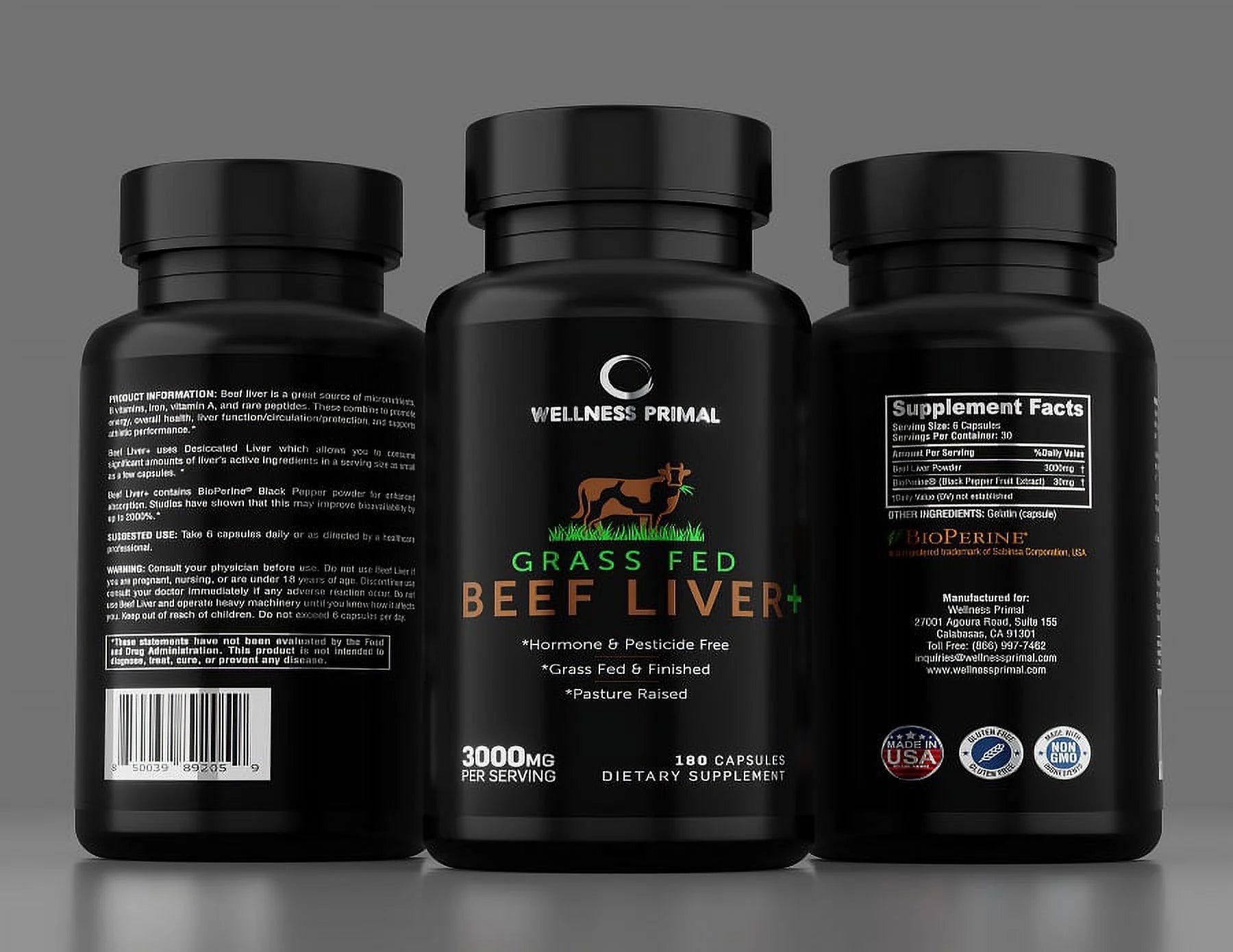 Wellness Primal Beef Liver Supplement Desiccated Grass Fed, 180 Capsules (3 Bottle) J4604