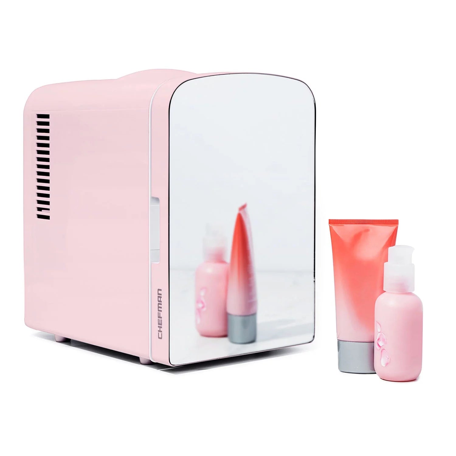 Chefman Portable Mirrored 4L Mini Fridge with Heating and Cooling, Pink R63610