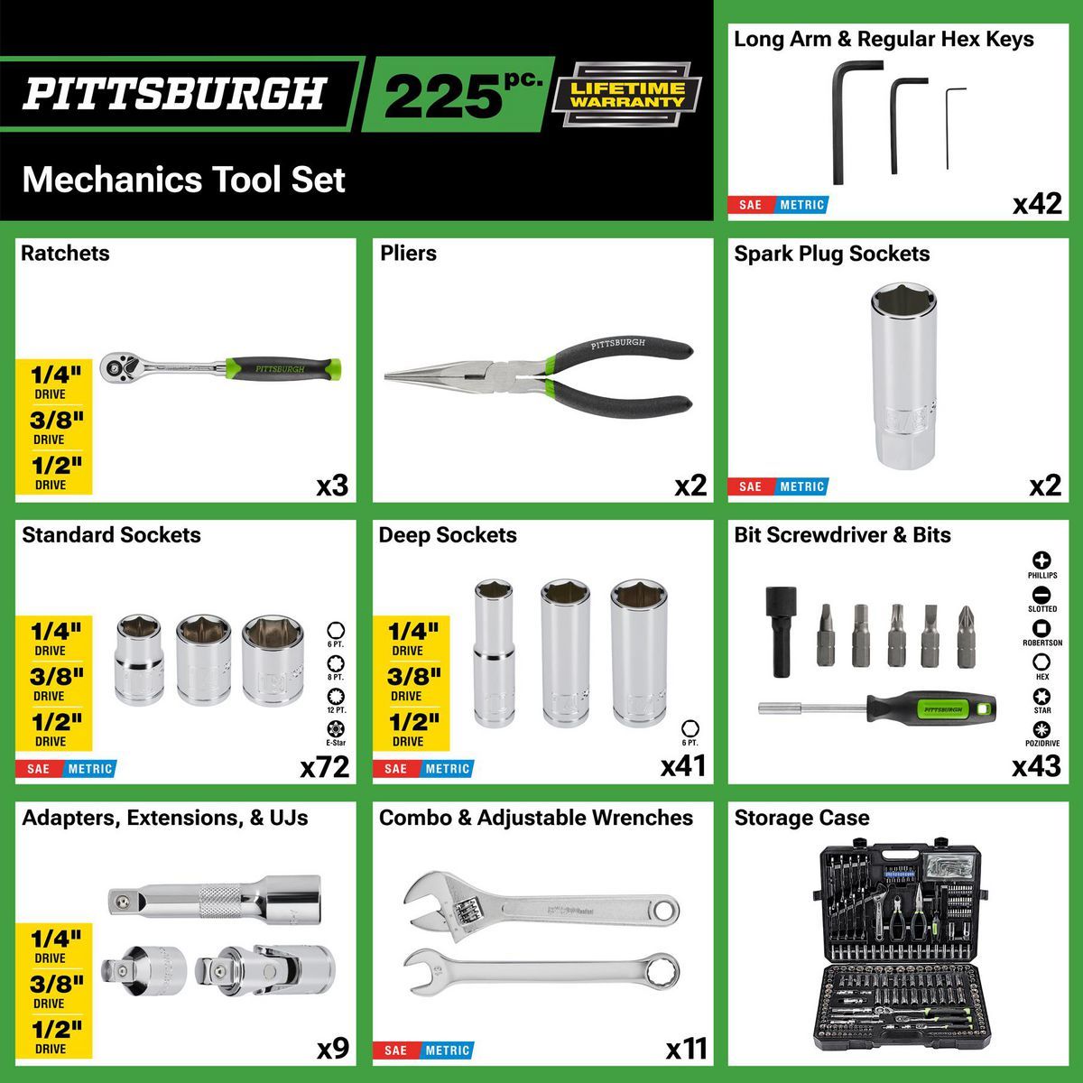 PITTSBURGH Mechanics Tool Set, 225-Piece L597