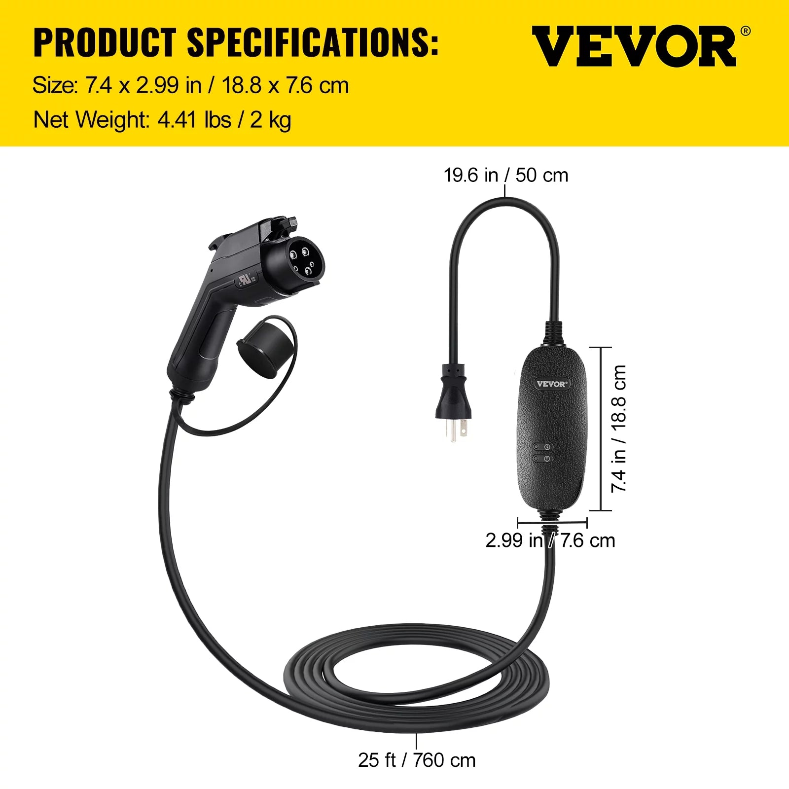 VEVOR Level 2 EV Charger, 16 Amp Portable with 25 ft Cable, J1772 Plug L434477