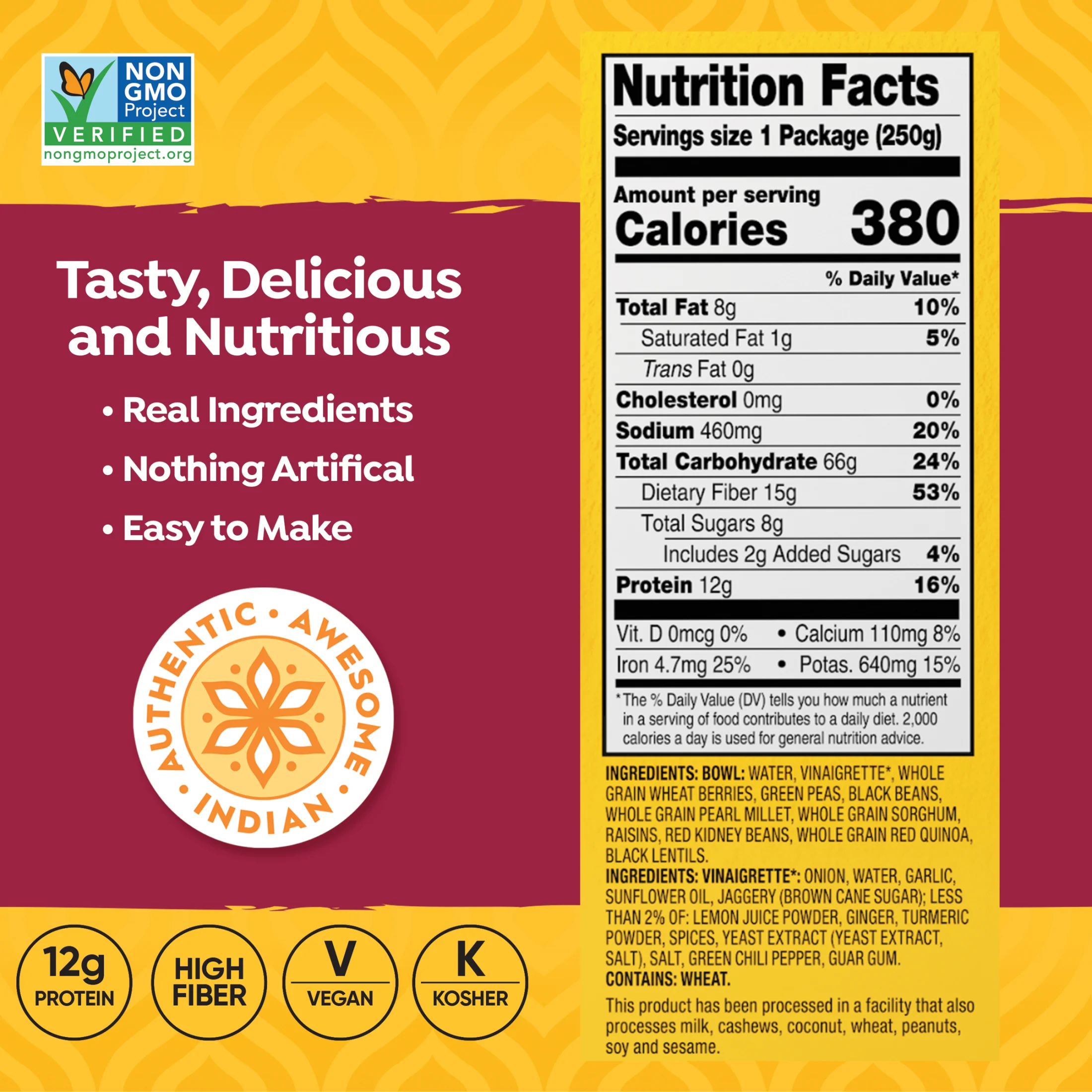 Tasty Bite All Natural Indian Plant Based Protein Bowl, 8.8 oz, 4 Pack D30746