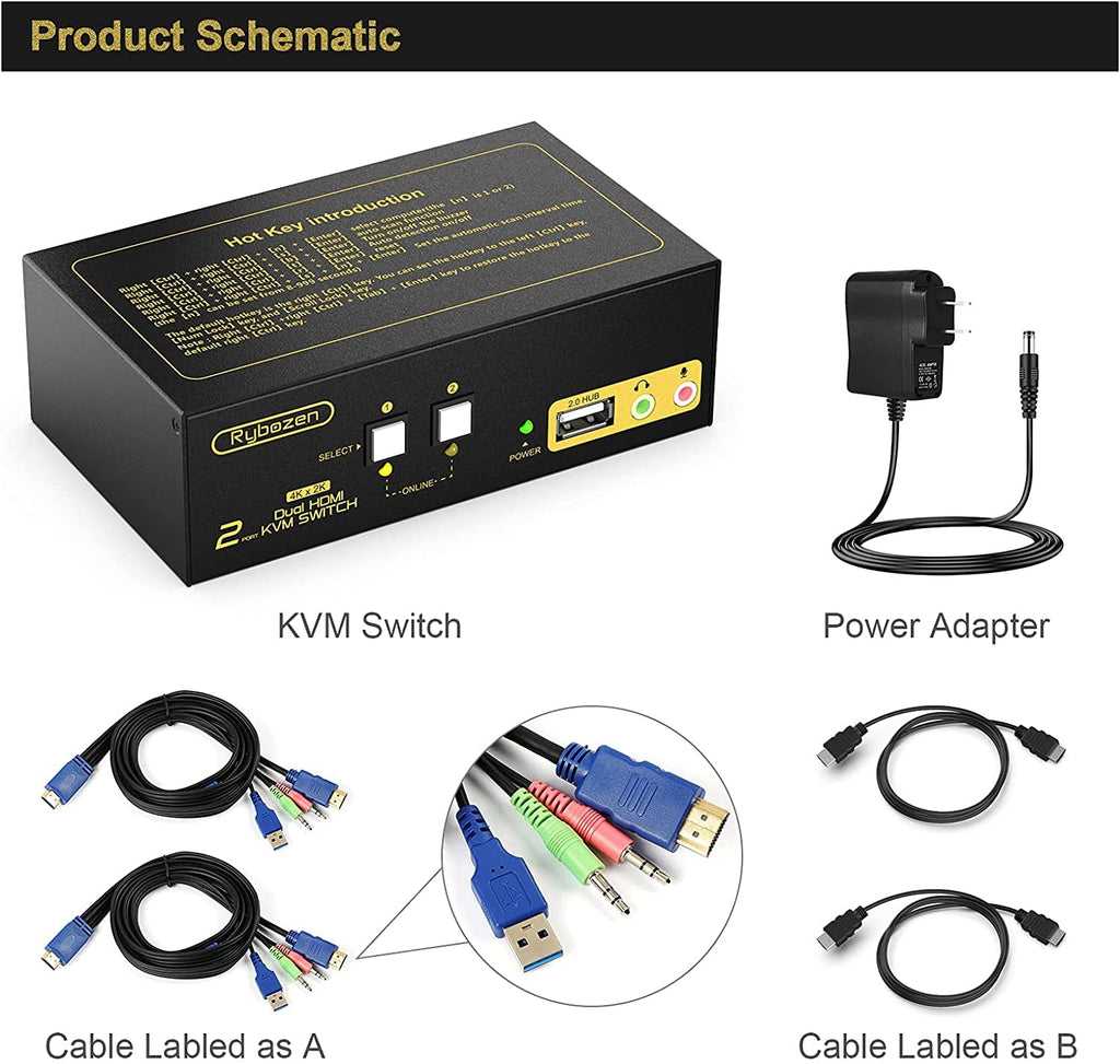 Rybozen HDMI KVM Switch 2 Port Dual Monitor 4K, with Audio and USB 2.0 Hub W741
