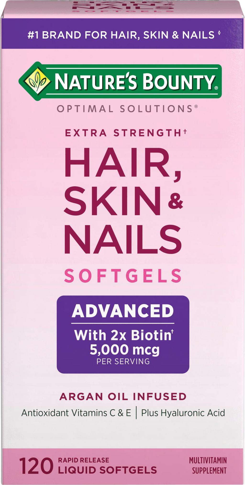 Nature's Bounty Optimal Solutions Advanced Hair, Skin and Nail Biotin & Vitamins A, C, & E Softgels, 120 Ct