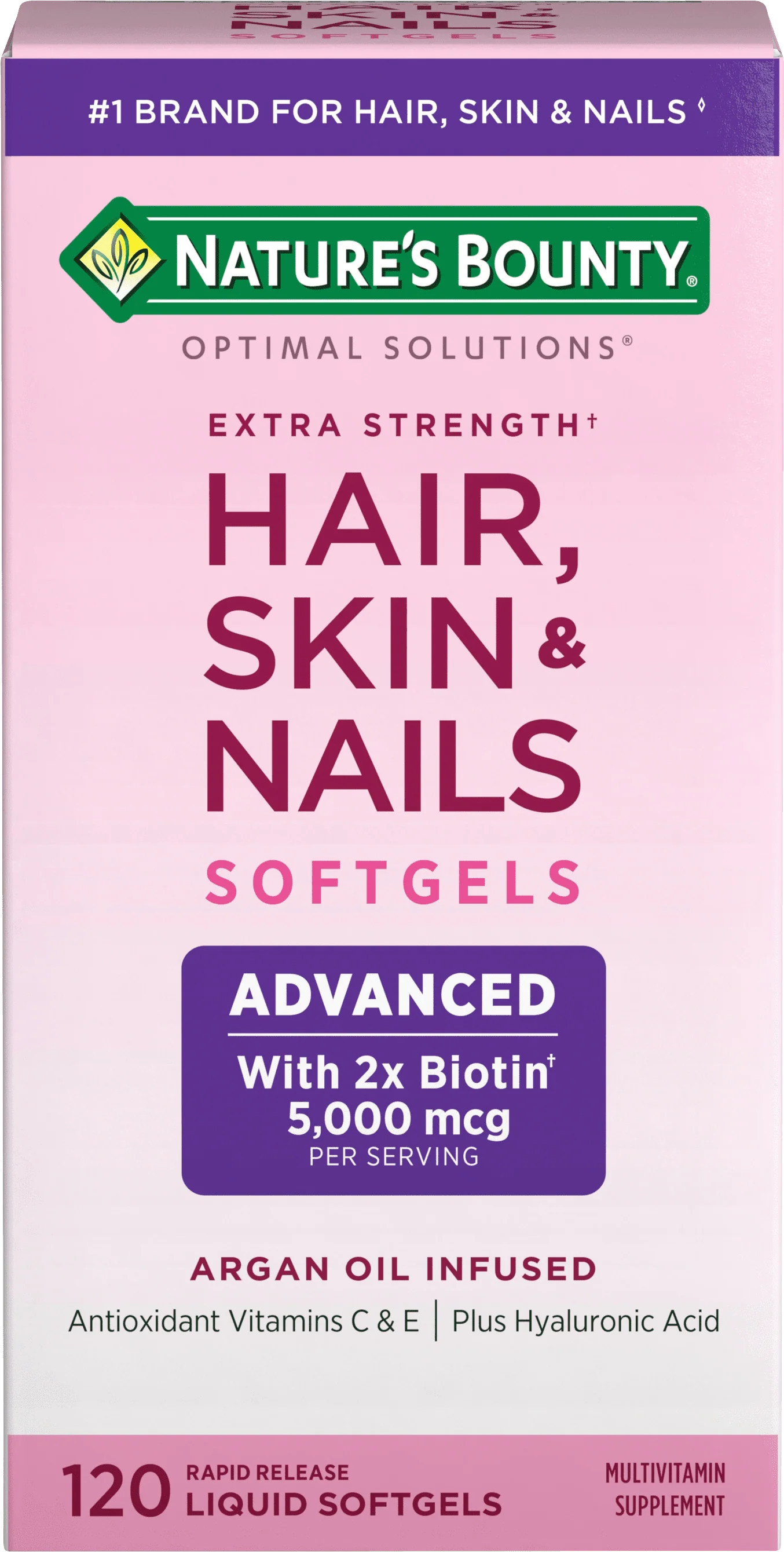 Nature's Bounty Optimal Solutions Advanced Hair, Skin and Nail Biotin & Vitamins A, C, & E Softgels, 120 Ct
