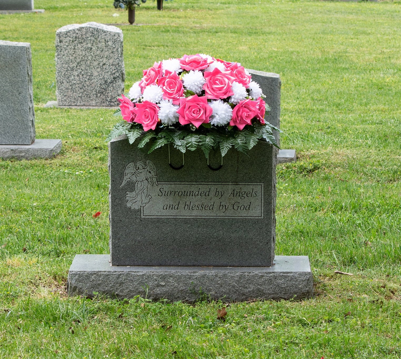 Sympathy Silks Artificial Cemetery Flowers 30" Beauty Pink Open Rose/White Mum Saddle S7779