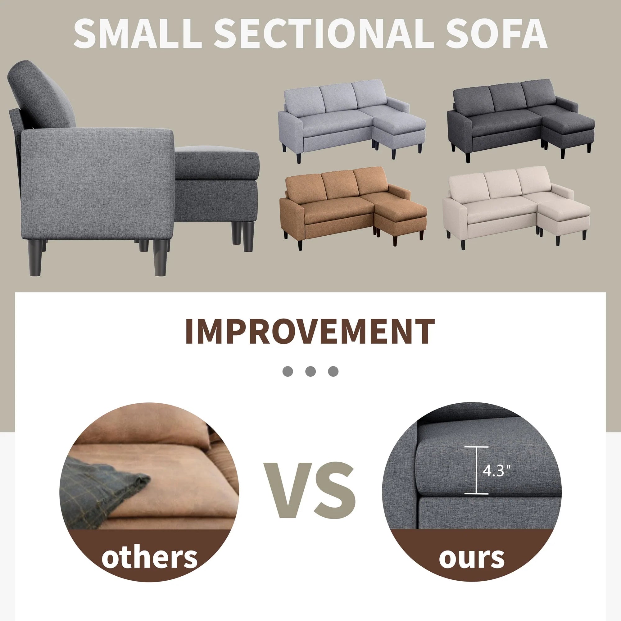 Walsunny Convertible Sectional Sofa Couch, L-Shaped with Reversible Chaise, Grayish Black A704