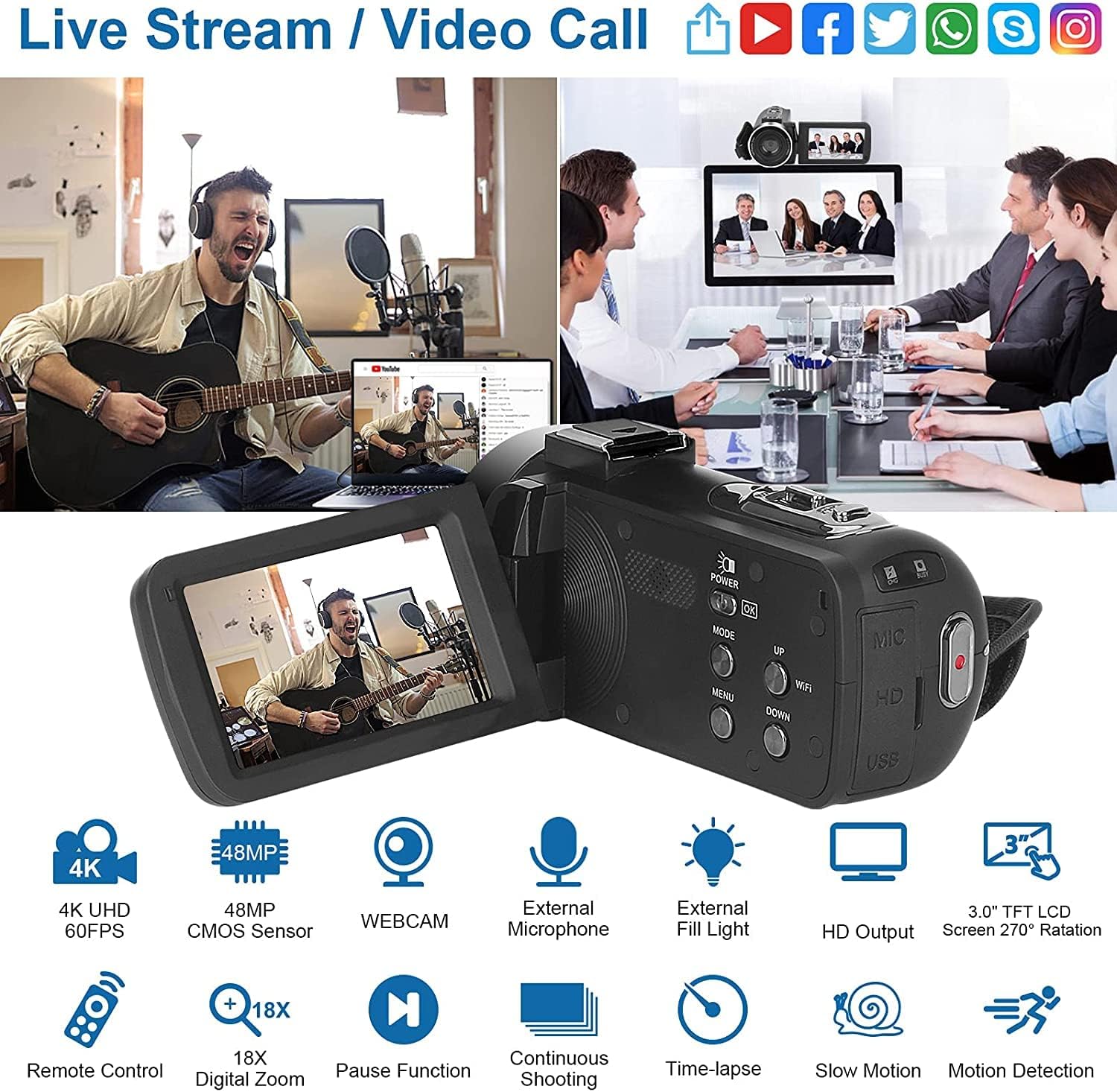 4K Camcorder 48MP 60FPS WiFi Vlogging Camera with Touch Screen B98380