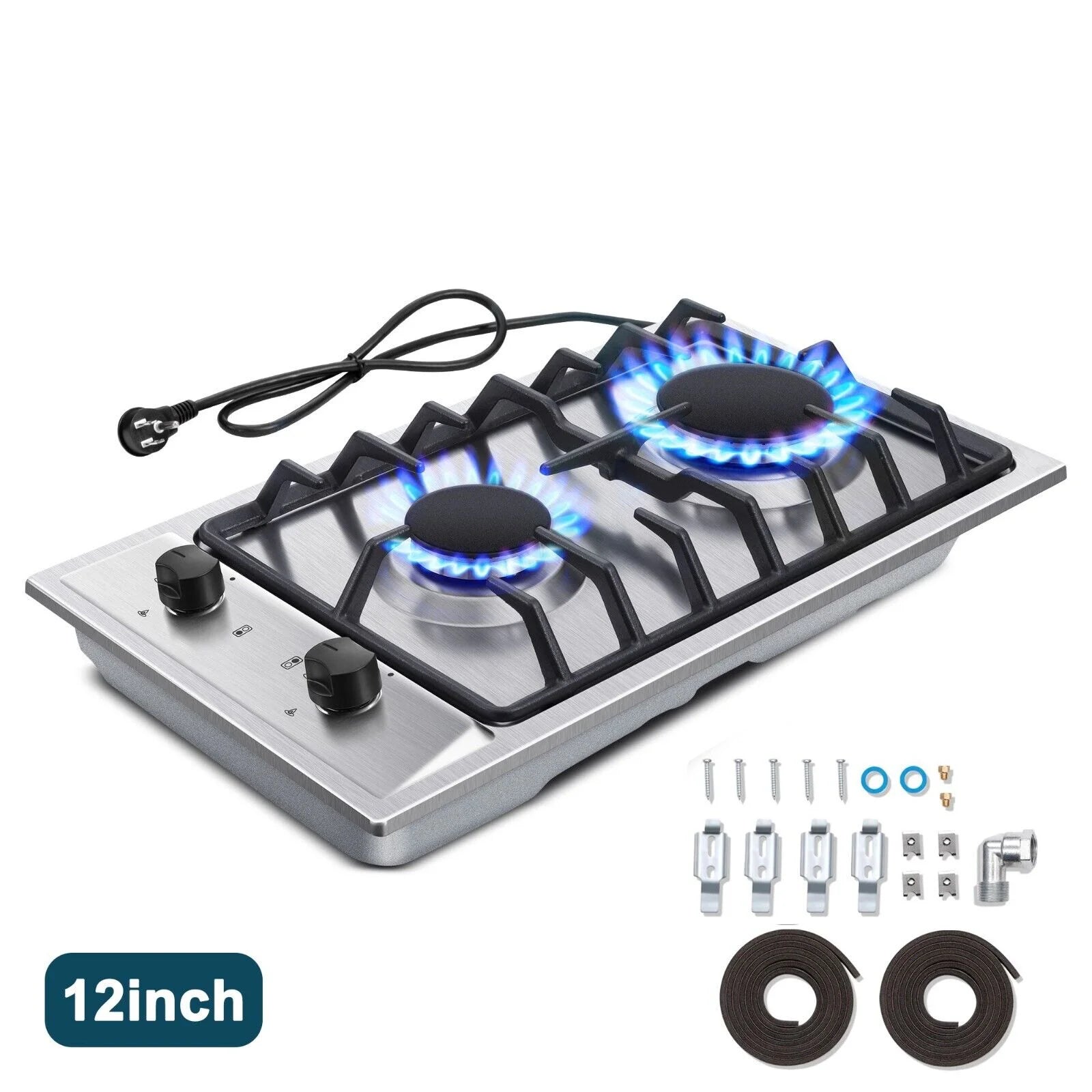 12 inch 2-Burner Stainless Steel Gas Cooktop NG/LPG Convertible W830893