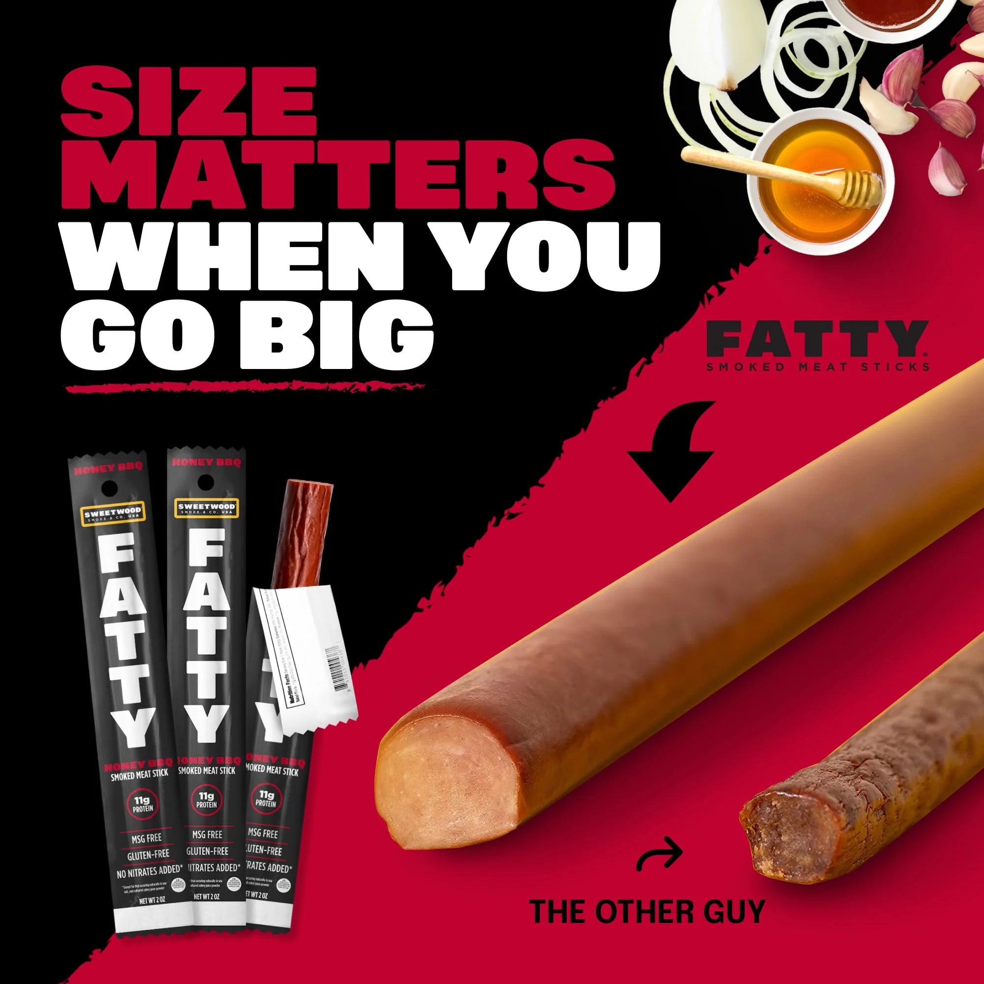 FATTY Meat Jerk Sticks, Grass-Fed Beef, Honey BBQ, 2 oz (Pack of 20) G284