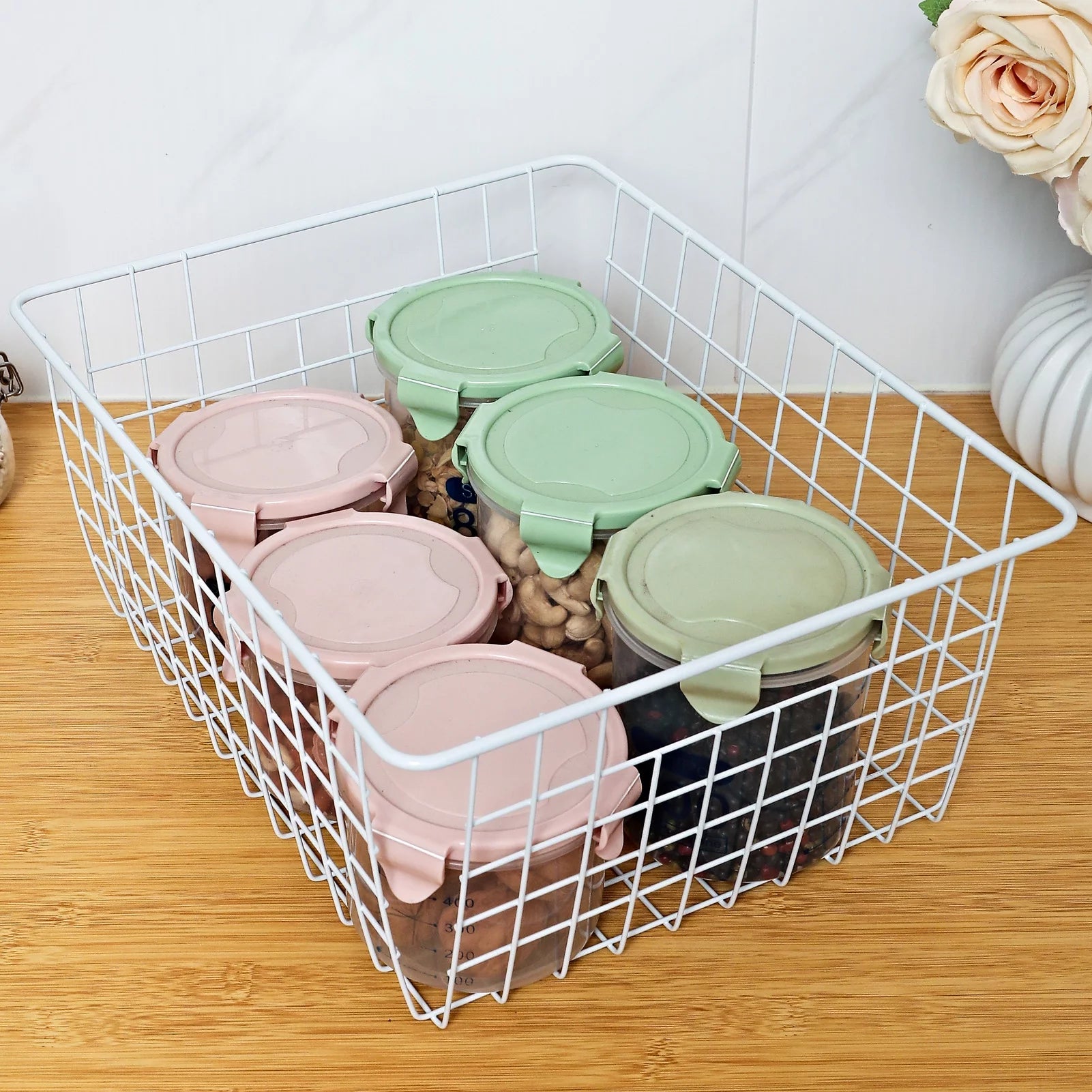 14" Upright Freezer Storage Baskets, White Wire Bins, Set of 4 A676925