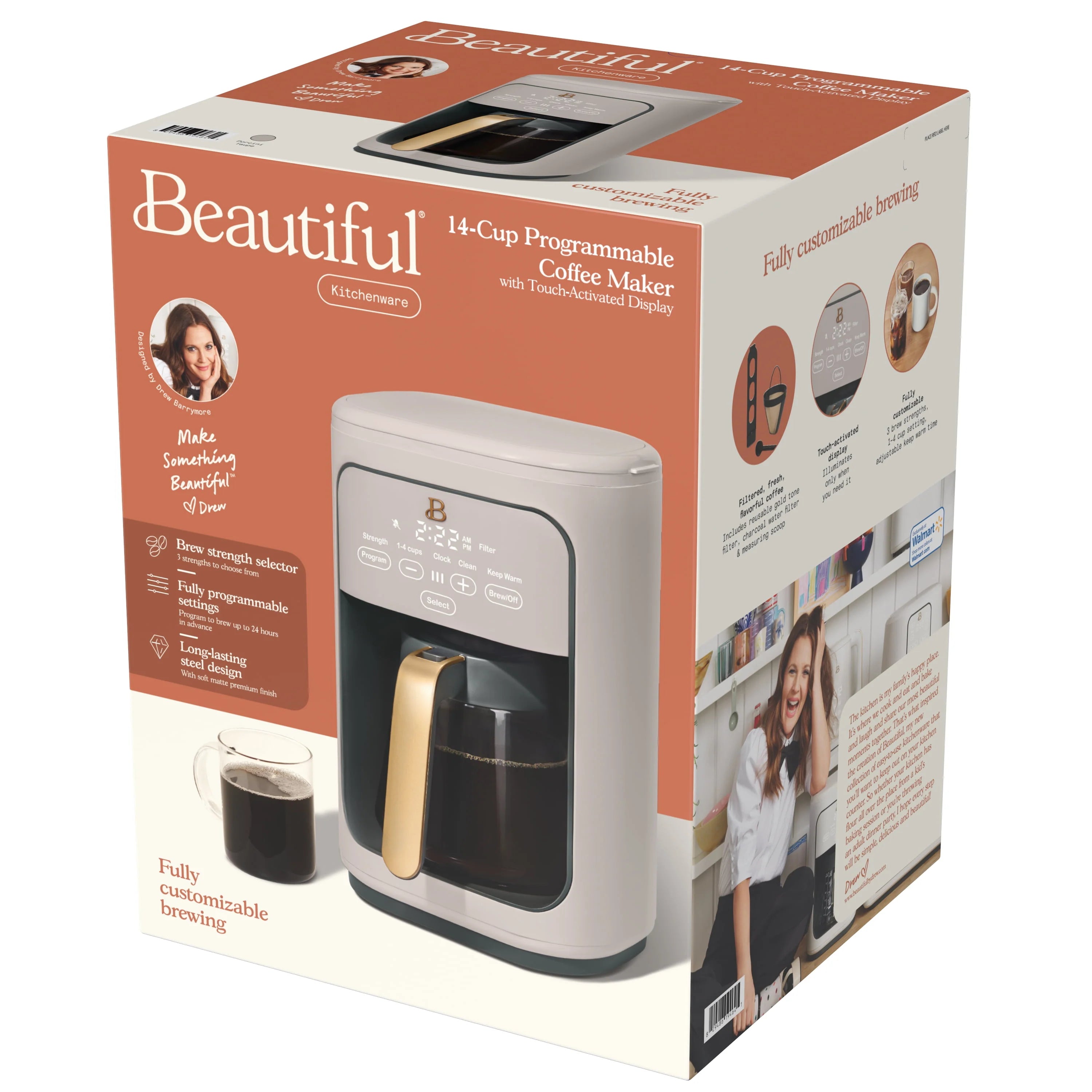 Beautiful 14-Cup Programmable Drip Coffee Maker with Touch Display, White Icing by Drew Barrymore F83994