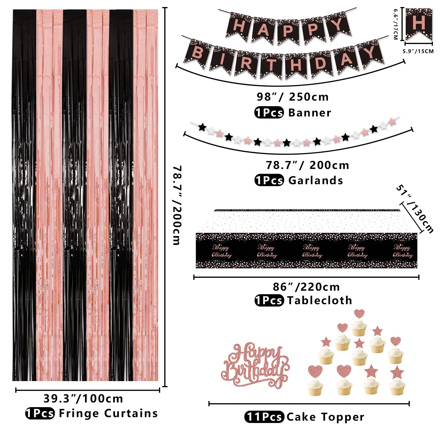 Rose Gold and Black Birthday Party Decorations with Banner, Balloons, Tablecloth and Cake Topper N340932