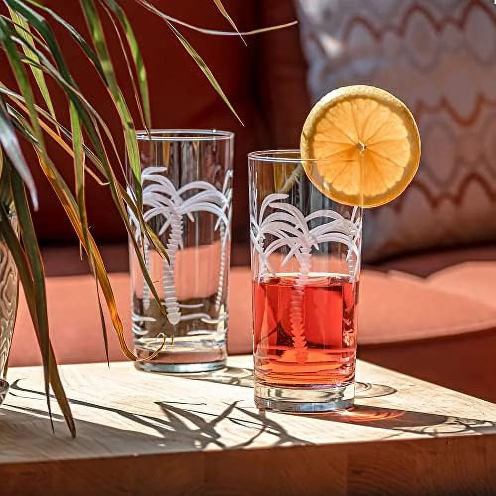 Palm Tree Highball Glass 15 oz Set of 4 Lead-Free Crystal A2053