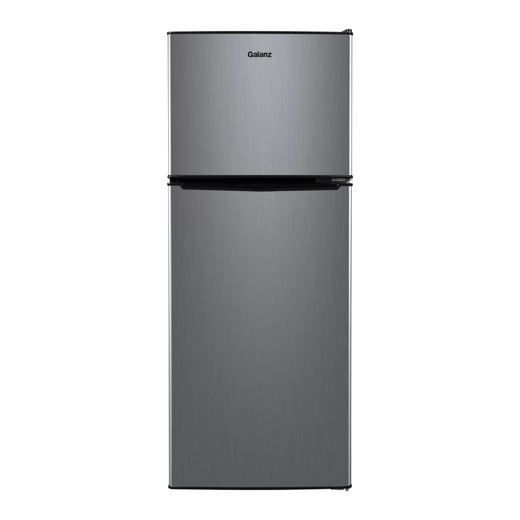 Galanz 4.6. Cu ft Two Door Mini Refrigerator with Freezer, Stainless Steel, New, Width 19.13