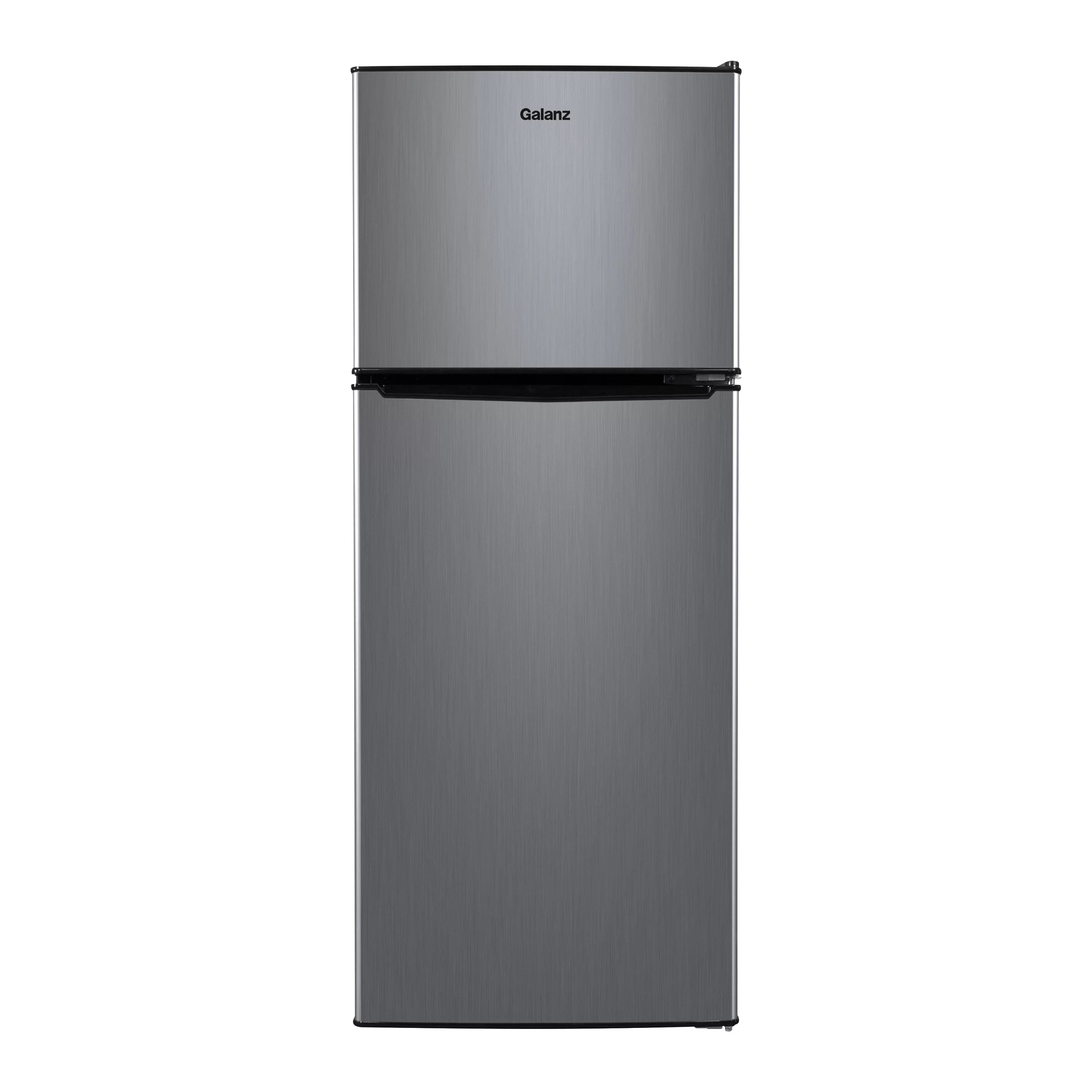 Galanz 4.6. Cu ft Two Door Mini Refrigerator with Freezer, Stainless Steel, New, Width 19.13