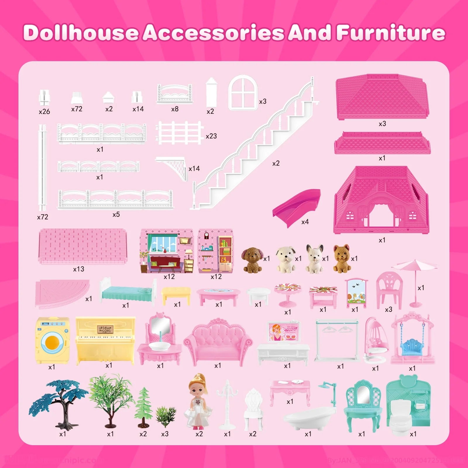 HopeRock Dollhouse for Girls, 4-Story 12 Rooms with 2 Dolls O6260