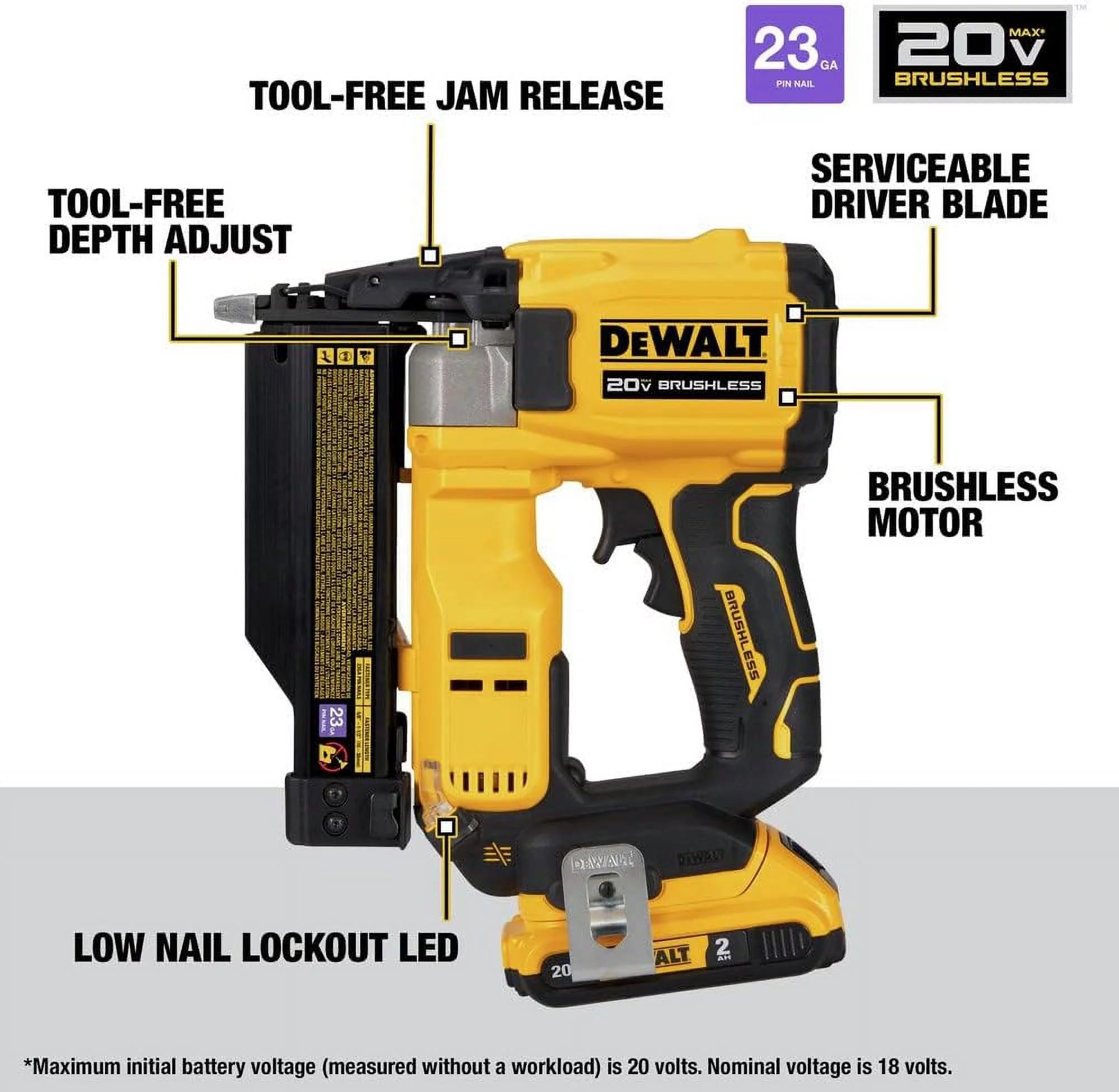 DEWALT ATOMIC 20V MAX Cordless 23 Gauge Pin Nailer Kit with Battery and Charger Y70648