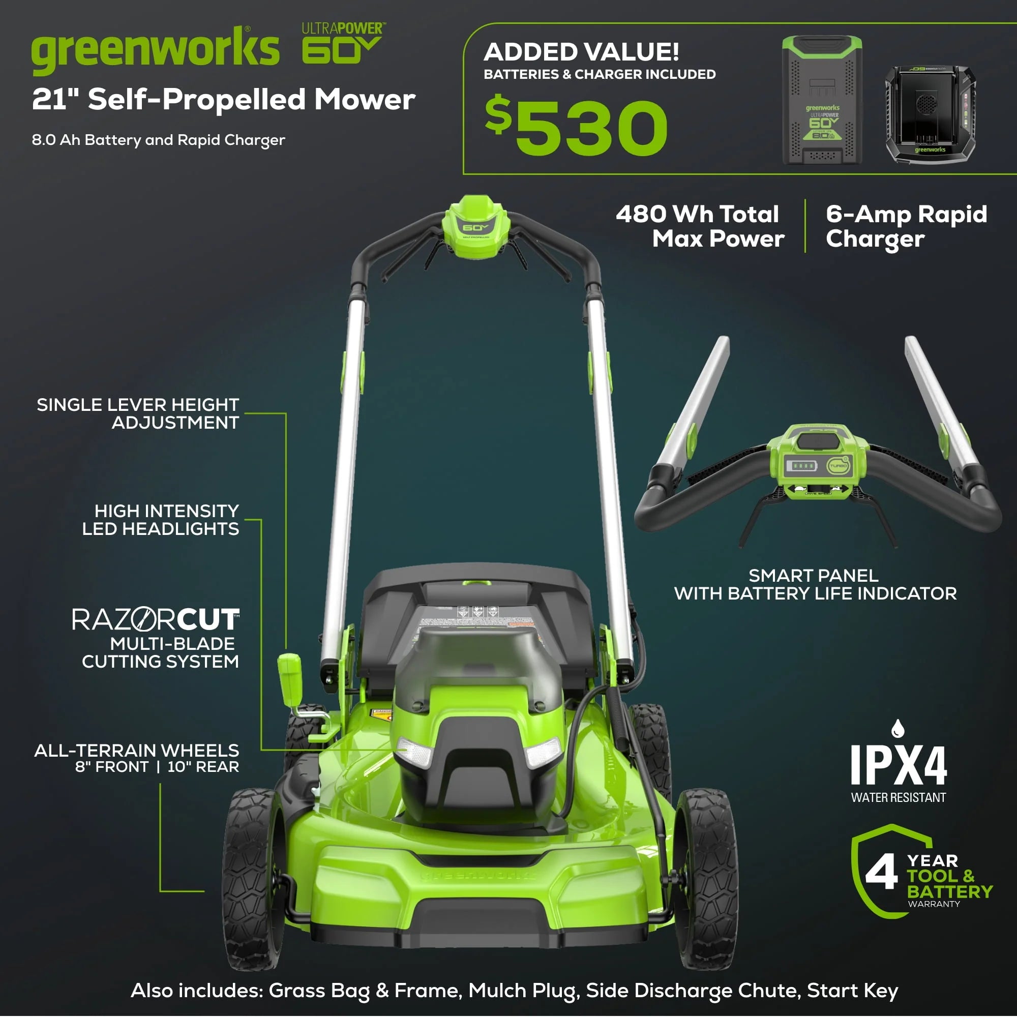 Greenworks 60V 21" Self Propelled Lawn Mower with 8.0 Ah Battery & Charger Q225175