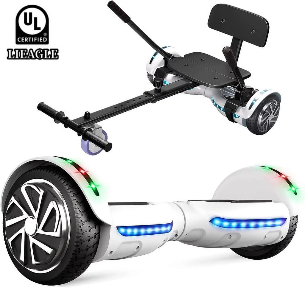 LIEAGLE Hoverboard with Seat Attachment, 6.5 inch Hoverboard Go Kart Combo, Self Balancing Electric Scooter with Bluetooth Speaker & LED Lights, Gifts for Kids Adults