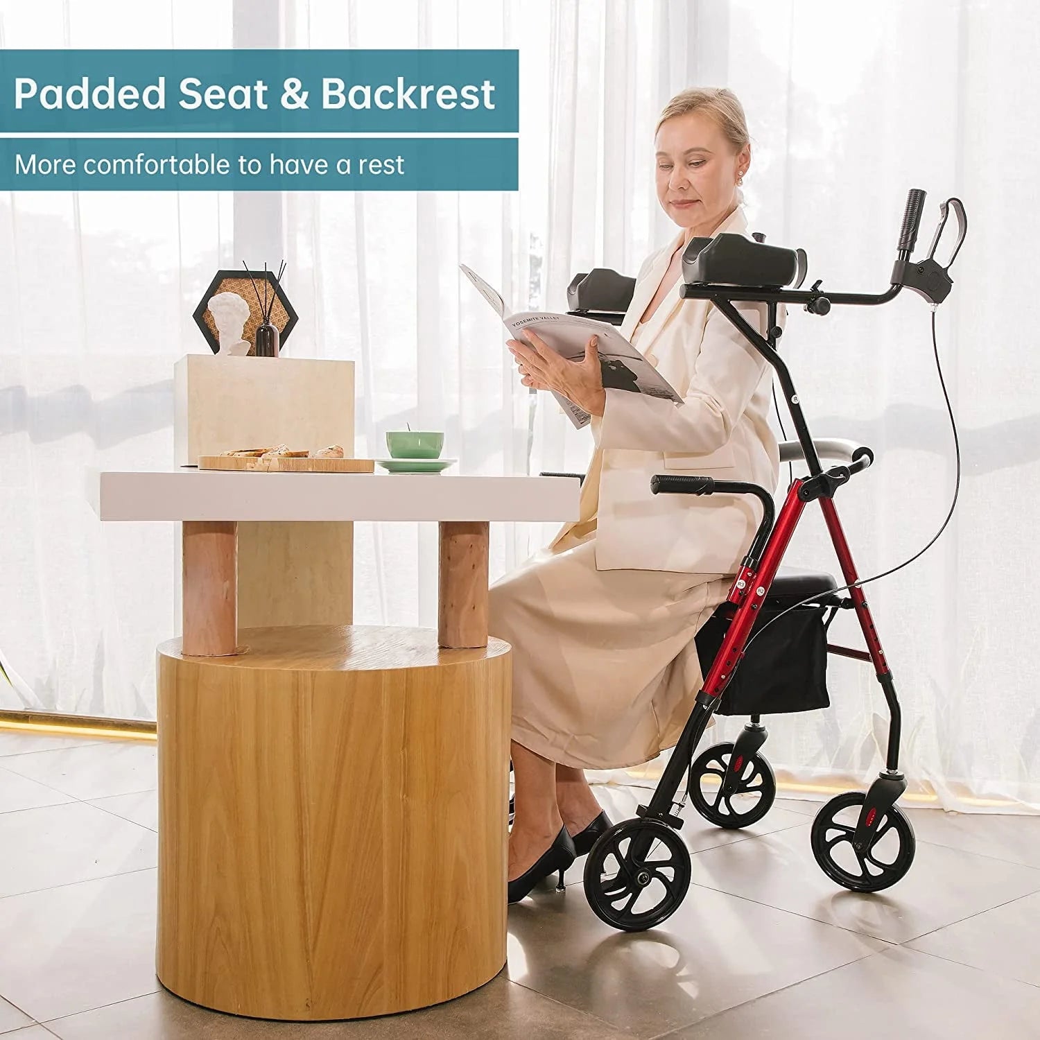 ELENKER Stand Up Folding Rollator Walker with Seat, Red F918