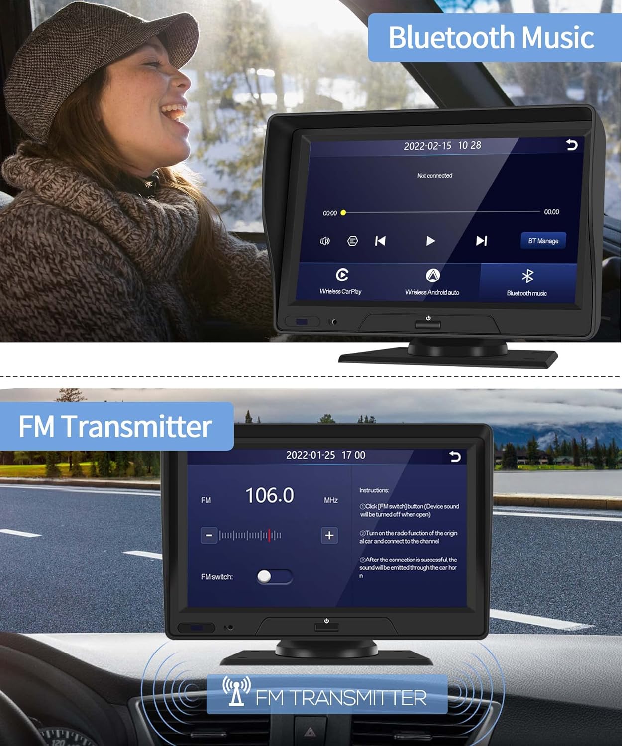 Portable Bluetooth Car Stereo with Carplay, Android Auto, 7" Backup Camera and DVR O923149