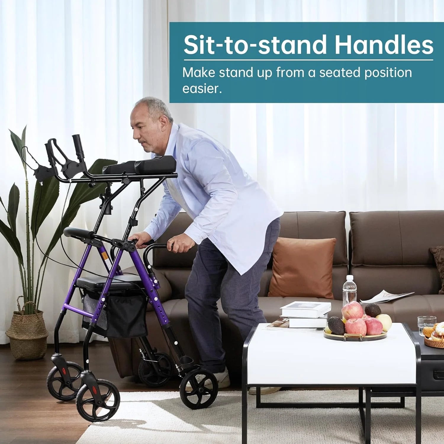 ELENKER Stand Up Folding Rollator Walker with Seat, Red F918