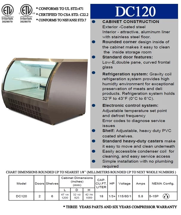 18 Cu Ft 48 in Deli Display Case Commercial Refrigerator with Curved Glass L6062