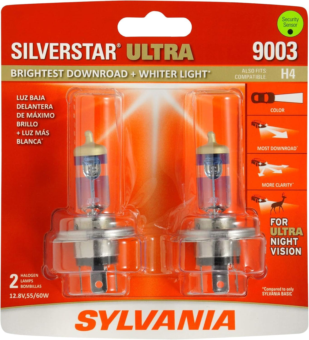 SYLVANIA - 9003 SilverStar Ultra - High Performance Halogen Headlight Bulb, High Beam, Low Beam and Fog Replacement Bulb, Brightest Downroad with Whiter Light, Tri-Band Technology (Contains 2 Bulbs) Pack of 2