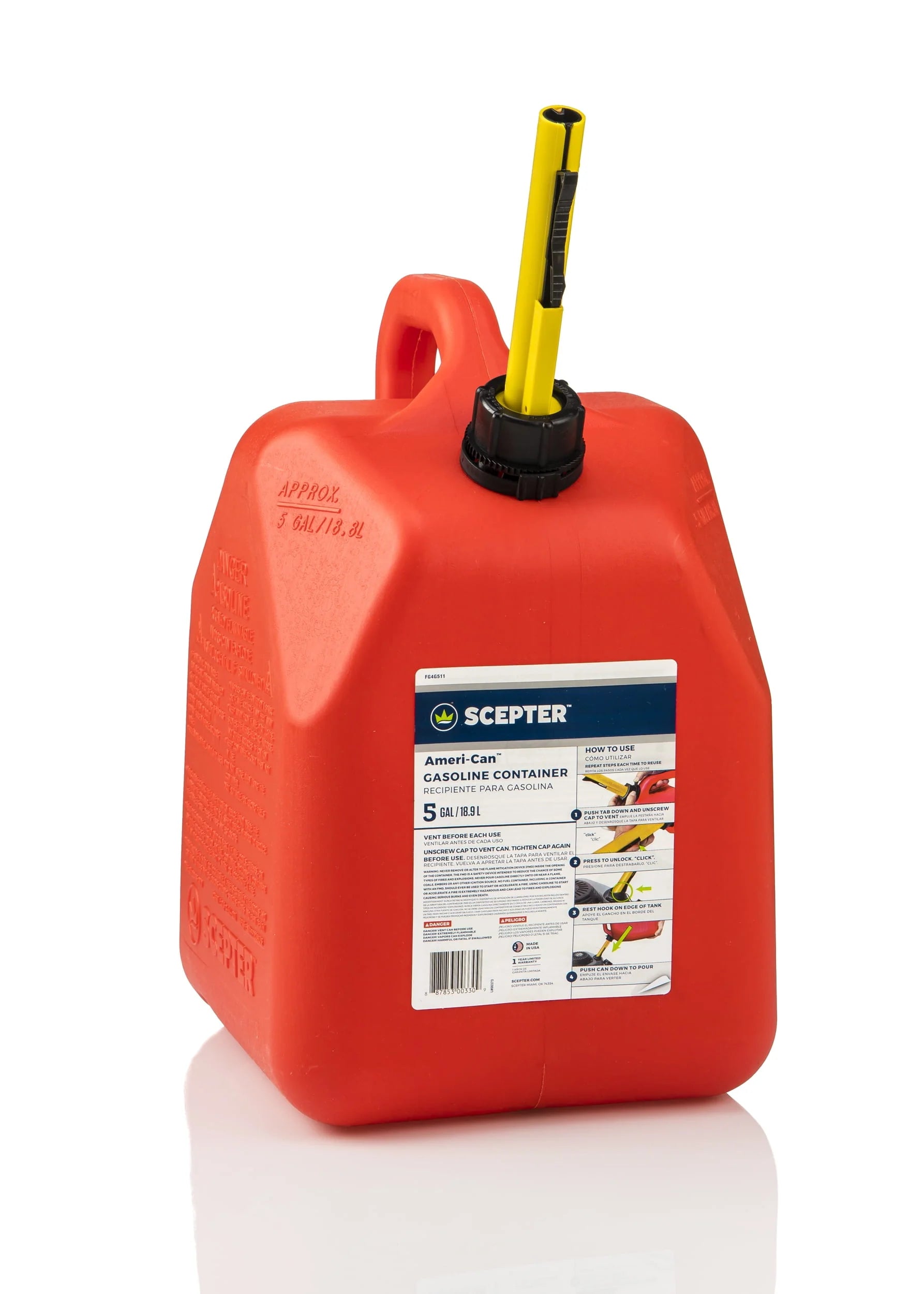 Scepter Ameri-Can Gasoline Can 5 Gallon Volume Capacity, FG4G511, Red Gas Can Fuel Container